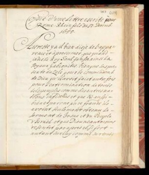 Copie d'une lettre escrite pour Rome. Rheinfels du 17. Decemb: 1685.
