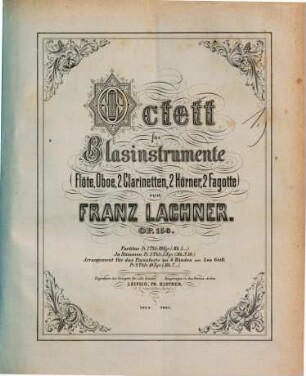 Octett für Blasinstrumente : (Flöte, Oboe, 2 Clarinetten, 2 Hörner, 2 Fagotte) ; op. 156