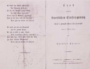 Theodor Körners Lied zur feierlichen Einsegnung des preußischen Freikorps am 27. März 1813