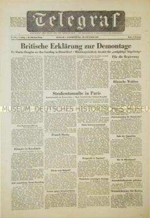 (West)-Berliner Tageszeitung "Telegraf" u.a. zur Reparationsfrage