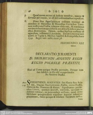 Declaratio Iuramenti D. Sigismundi Augusti Regis Regno Poloniae Praestiti, Illud ad Terras quoque Prussiae pertinere, illasque cum suis subditis in illo esse comprehensas. Ex Archivo Prussiae