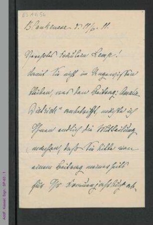 Brief von Charitas Bischoff an Fräulein Lemp, hs.
