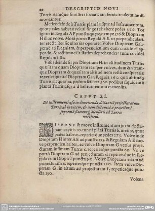 Caput XI. De Instrumenti usu in dimetienda distantia projecturarum Turris ab invicem, et item distantia à projectura suprema stationeque Mensoria ad Turris verticem.