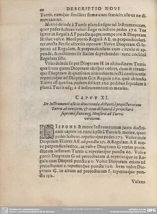 Caput XI. De Instrumenti usu in dimetienda distantia projecturarum Turris ab invicem, et item distantia à projectura suprema stationeque Mensoria ad Turris verticem.