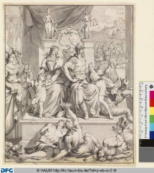 "Hermann und Thusnelda auf dem Thron mit ihren Söhnen. Im Hintergrund die Hermannsschlacht."