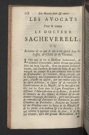 Les Avocats pour & contre le Docteur Sacheverell