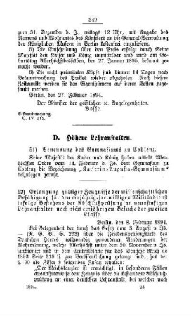 Benennung des Gymnasiums zu Coblenz : [D. Höhere Lehranstalten]
