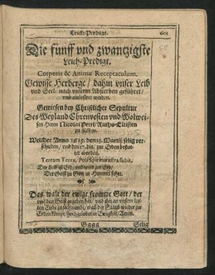 Die fünff und zwantzigste Leich-Predigt. Corporis & Animae Receptaculum.