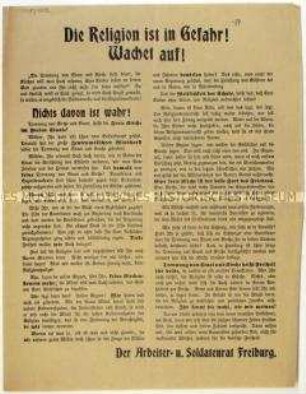 Flugblatt des Freiburger Arbeiter- und Soldatenrates betreffend die Trennung von Staat und Kirche