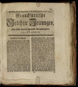 Num. XXXI. Dienstags den 18. April. 1752 - Num. XXXX. Freytags den 19. May. 1752