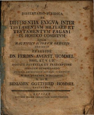 Dissertatio iuridica de differentia exigua inter testamentum militare et testamentum pagani in hostico conditum