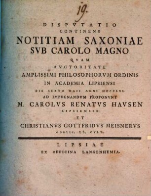 Dispvtatio Continens Notitiam Saxoniae Svb Carolo Magno