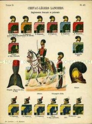Uniformdarstellung, Offizier und Gemeiner der Elite-Chevauleger-Kompanie, Detailstudien von Kopfbedeckungen und Abzeichen verschiedener Chevauleger-Regimenter, Erstes Kaiserreich Frankreich, 1811/1812.
