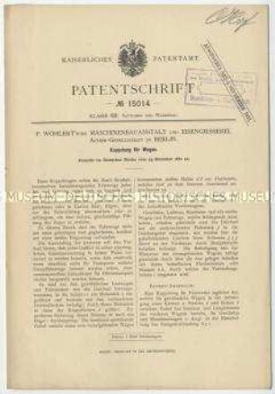 Patentschrift einer Kupplung für Wagen, Patent-Nr. 15014