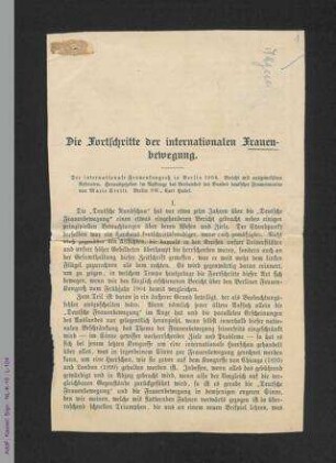 Frauenfrage 1926, internationale Frauenfrage u. Frauenbewegung im Ausland