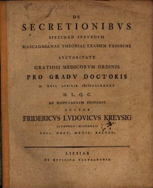 De secretionibus specimen secundum, Massagnianae theoriae examen exhibens