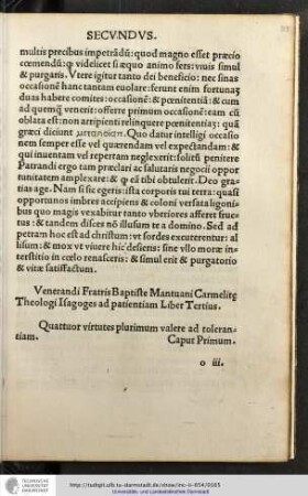 Venerandi fratris Baptiste Mantuani Carmelite theologi isagoges ad patientiam, liber tertius.
