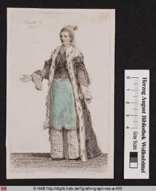 Eine Frau, bekleidet mit einem pelzgesäumten Mantel.