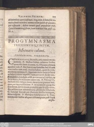 Progymnasma Tricesimum Quintum. Mutuatio calami. Conradinus, Pigmenius.