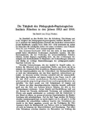 Die Tätigkeit des Pädagogisch-Psychologischen Instituts München in den Jahren 1913 und 1914