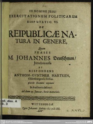 Exercitationum Politicarum Disputatio VI. De Reipublicae Natura In Genere