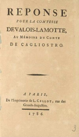 Réponse Pour La Comtesse De Valois-La Motte Au Mémoire du Comte de Cagliostro