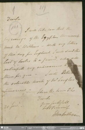 Eigenh. Brief von John Sullivan an August Wilhelm von Schlegel, London, 20.01.o.J.