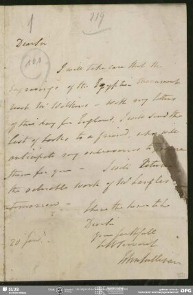 Eigenh. Brief von John Sullivan an August Wilhelm von Schlegel, London, 20.01.o.J.