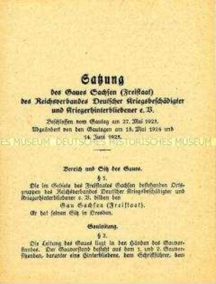 Satzung des Reichsverbandes Deutscher Kriegsbeschädigter und Kriegshinterbliebener e.V. für den Gau Sachsen
