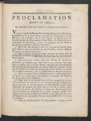 Proclamation Relative aux Assignats, du 4 Février 1793, l'an second de la République Françoise