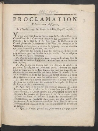 Proclamation Relative aux Assignats, du 4 Février 1793, l'an second de la République Françoise