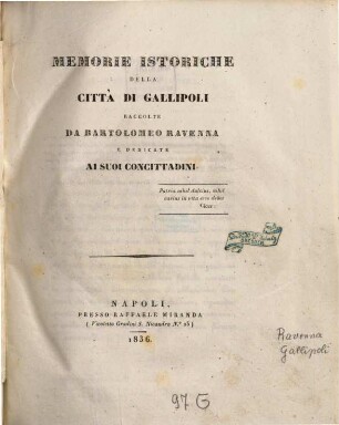 Memorie istoriche della città di Gallipoli
