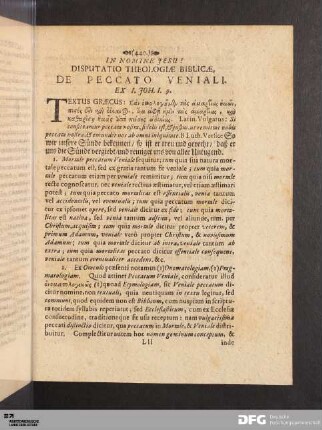 Disputatio Theologiae Biblicae, De Peccato Veniali.