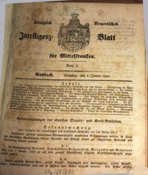Königlich Bayerisches Intelligenzblatt für Mittelfranken. 1840