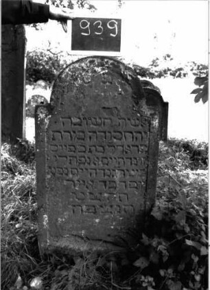 Grabstein 939 (Index: 100103833) Material: Sandstein Zustand: stellenweise verwittert, Text bisher gut erhalten Maße HxBxT: 108x58x7 cm Beschreibung: Stele, eingezogener Rundbogenabschluss, Schriftfeld leicht eingetieft mit Konvexbogenabschluss: Grabstein 939