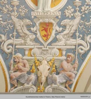 Ausmalung des Treppenhauses im Palazzo Grifoni Budini Gattai : Weibliche Allegorien mit den Wappen der Familie Budini Gattai