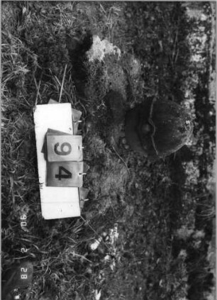 Grabstein 94 (Index: 100114822) Material: Sandstein Zustand: erhalten: Giebelaufsatz, möglicherweise von einem anderen Stein Beschreibung: erhalten: Kugel mit Ring: Grabstein 94