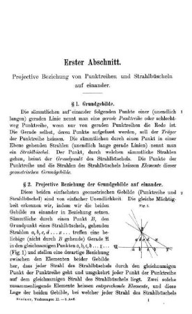 Erster Abschnitt. Projective Beziehung von Punktreihen und Strahlbüscheln auf einander.