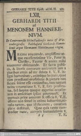 LXII. Gerhardi Titii ad Menonem Hannekenium