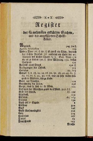 Register der fürnehmsten erklärten Sachen, und der angeführten Schriftsteller.