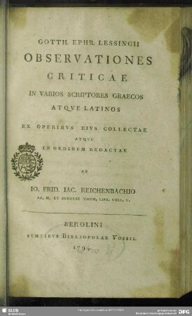 Gotth. Ephr. Lessingii Observationes Criticae In Varios Scriptores Graecos Atque Latinos
