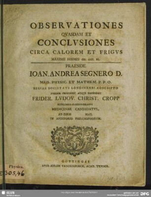 Observationes Quasdam Et Conclusiones Circa Calorem Et Frigus : Maxime Hiemis M. DCC. XL.