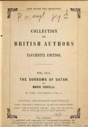 The sorrows of Satan or The strange experience of one Geoffrey Tempest, millionaire : a romance ; in two volumes, 1
