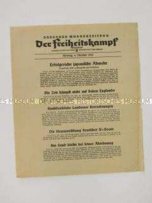 Nachrichtenblatt der sächsischen NSDAP-Zeitung "Der Freiheitskampf" mit Kurzmeldungen von verschiedenen Kriegsschauplätzen