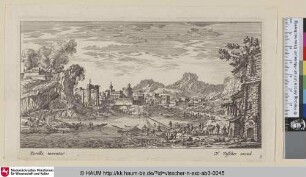 [Ein Hafen, Leuchtfeuer auf einer Festung auf einem Hügel; A port, beacons on a bastion on a hill]