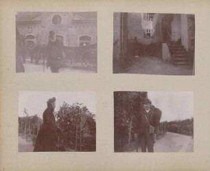 limks oben: Großherzog Friedrich vor Schloss Baden-Baden (?) rechts oben: Hofpartie in Schloss Baden-Baden (?) links unten: Großherzogin Luise (?) im Garten von Schloss Baden-Baden (?) rechts unten: Herr (unbekannt) im Garten von Schloss Baden-Baden (?)
