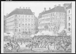 Dresden. Neumarkt. Mai-Unruhen 1849. Barrikadenkämpfe auf dem Neumarkt beim Hotel "Stadt Rom" : Dresden. Neumarkt. Mai-Unruhen 1849. Barrikadenkämpfe auf dem Neumarkt beim Hotel "Stadt Rom". Dresden, Stadtmuseum