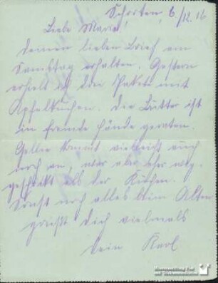Karl Last an seine Ehefrau am 06.12.1916 (3.2012.0206)