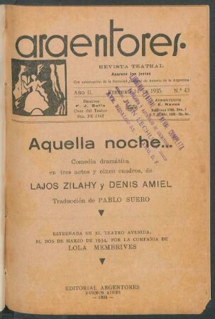 1935004300: Aquella noche... : comedia dramática en tres actos y cinco cuadros