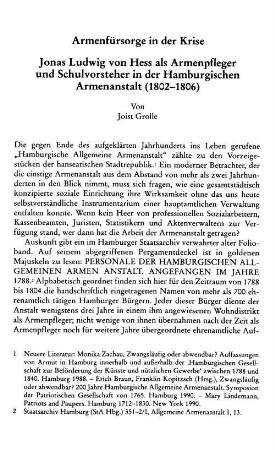 Armenfürsorge in der Krise, Jonas Ludwig von Hess als Armenpfleger und Schulvorsteher in der Hamburgischen Armenanstalt, 1802 - 1806